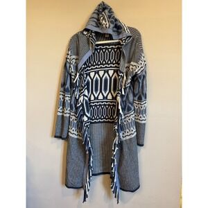 Sundance Cardigan Fringed Hooded Long Sweater Small Blue Southwestern Boho Aztec